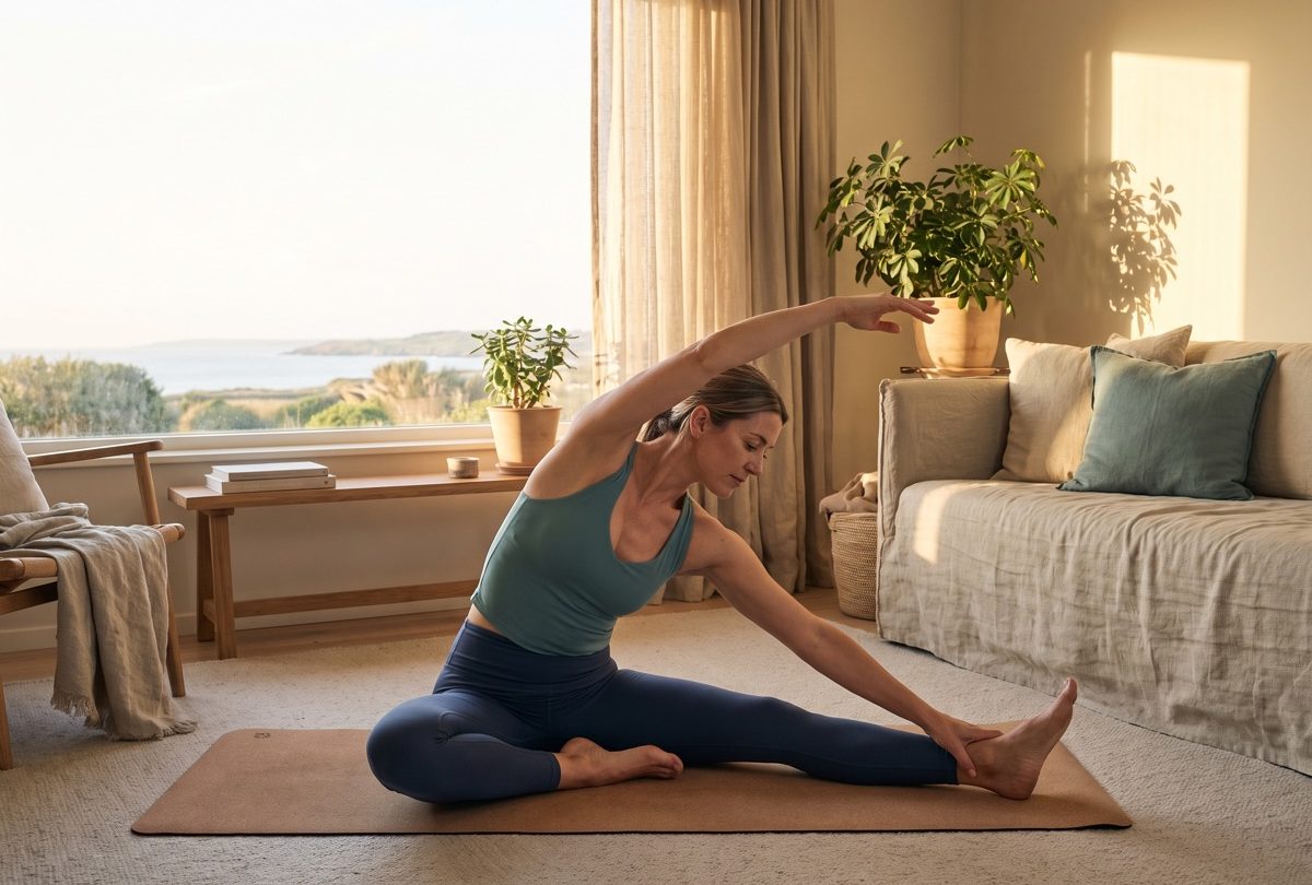 Stretching by a sunlit window for recovery and wellness care