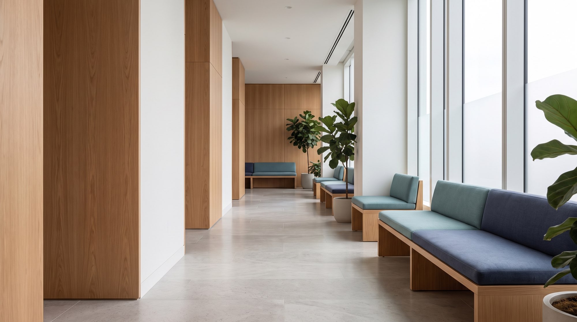 Calm clinic corridor with warm wood and soft daylight