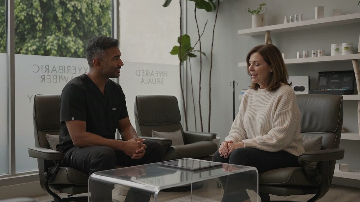 Dr. Shawn Vedamani talking with a patient in the La Jolla consultation room